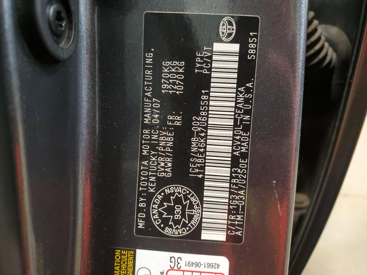 2007 Toyota Camry Ce VIN: 4T1BE46K47U685581 Lot: 57130105