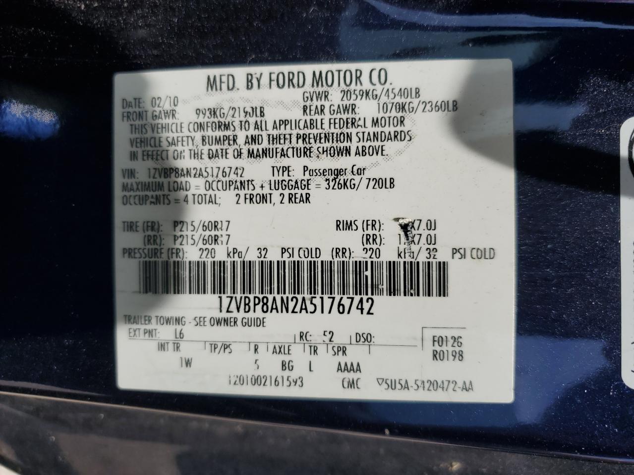 2010 Ford Mustang VIN: 1ZVBP8AN2A5176742 Lot: 56348625
