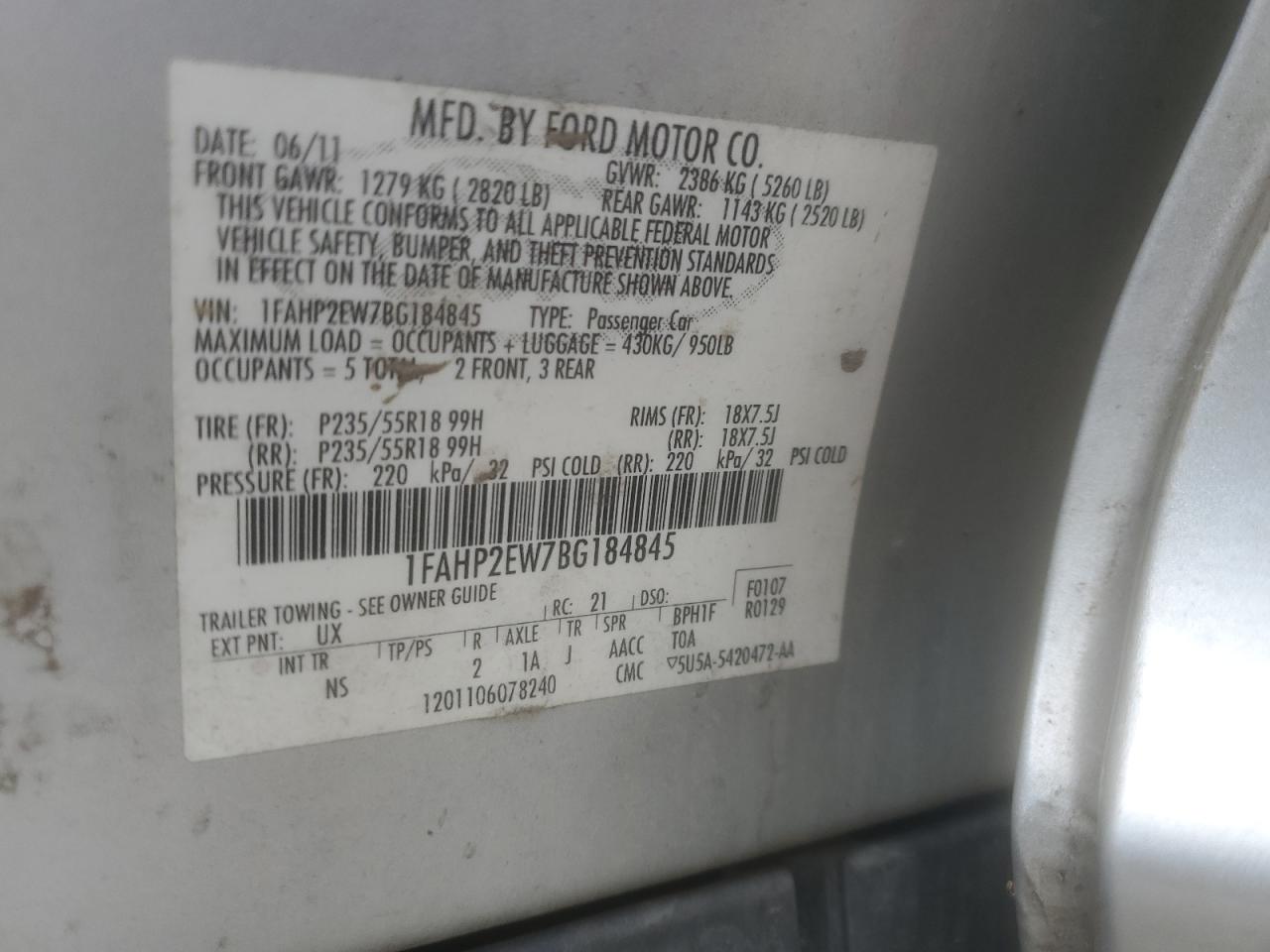 2011 Ford Taurus Sel VIN: 1FAHP2EW7BG184845 Lot: 57118365