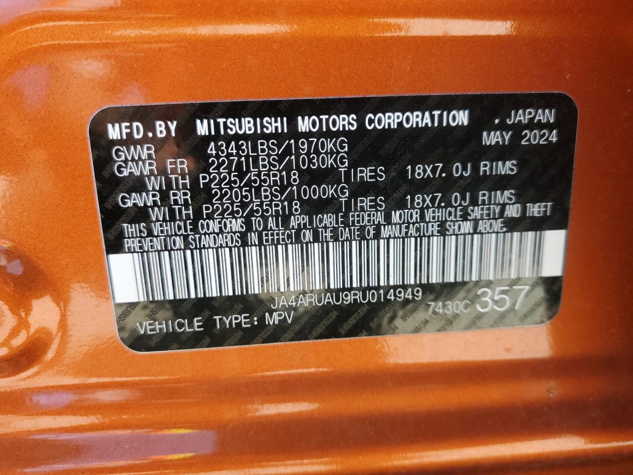 2024 Mitsubishi Outlander Sport S/Se VIN: JA4ARUAU9RU014949 Lot: 55968265