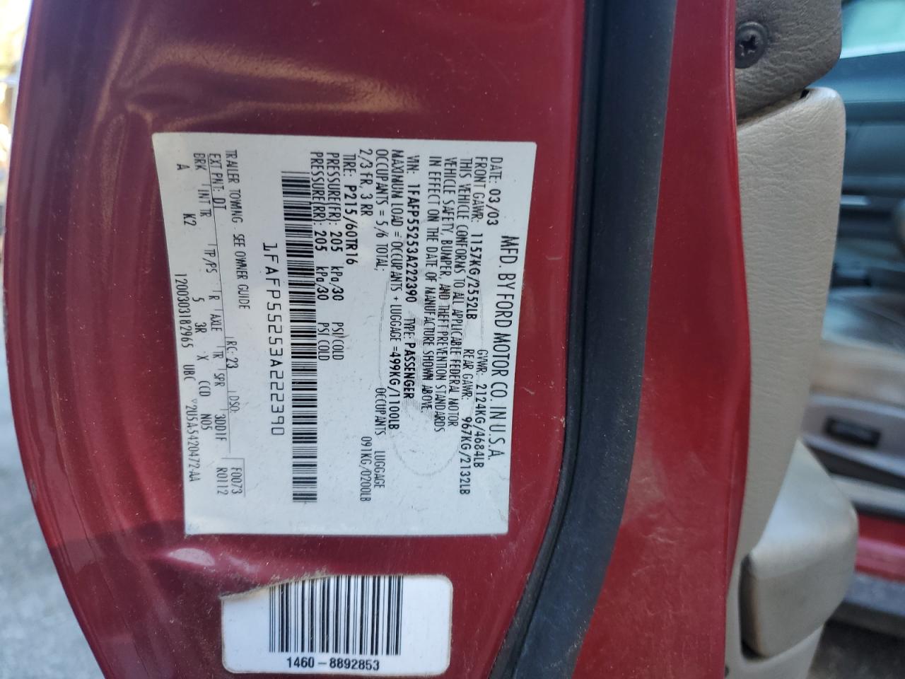 2003 Ford Taurus Ses VIN: 1FAFP55253A222390 Lot: 55669515