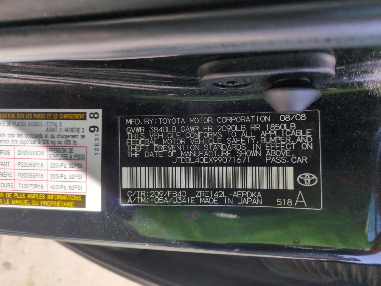 2009 Toyota Corolla Base VIN: JTDBL40EX99071671 Lot: 56942185