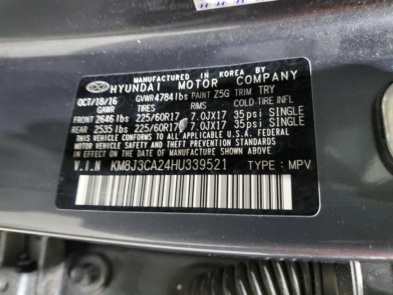 2017 Hyundai Tucson Limited VIN: KM8J3CA24HU339521 Lot: 58121495