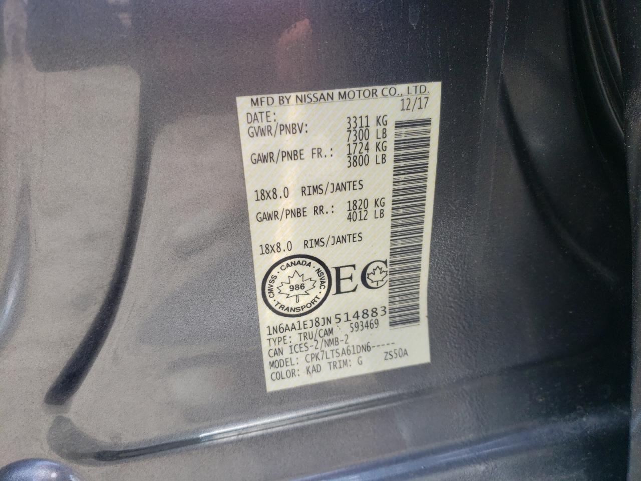 2018 Nissan Titan S VIN: 1N6AA1EJ8JN514883 Lot: 56508115