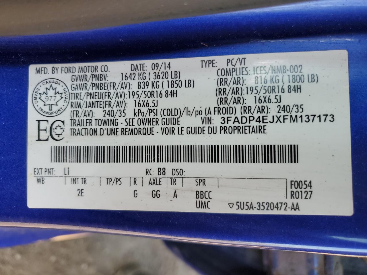 2015 Ford Fiesta Se VIN: 3FADP4EJXFM137173 Lot: 56952855