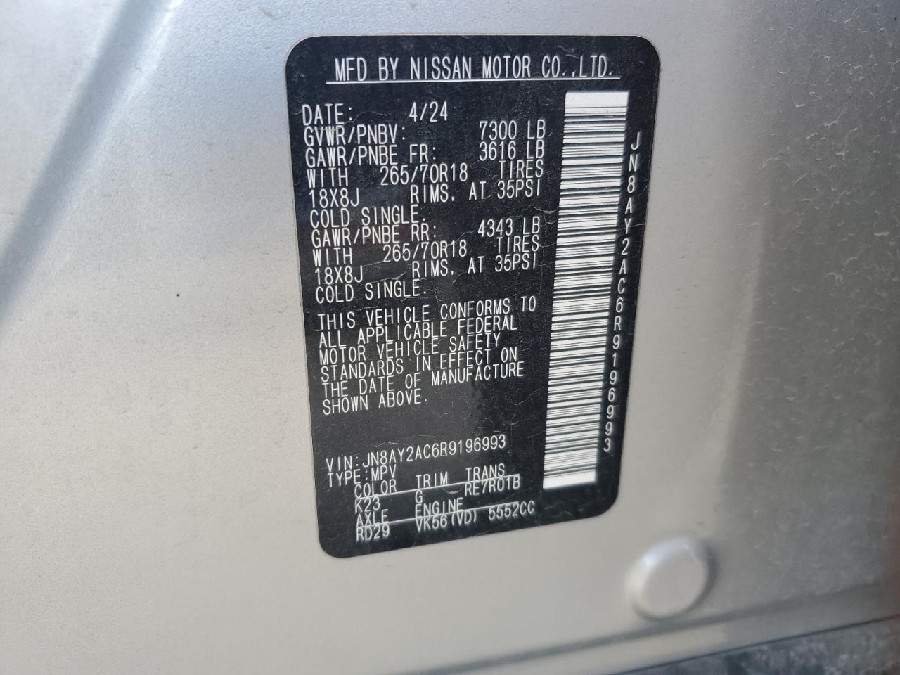 2024 Nissan Armada Sv VIN: JN8AY2AC6R9196993 Lot: 55756475