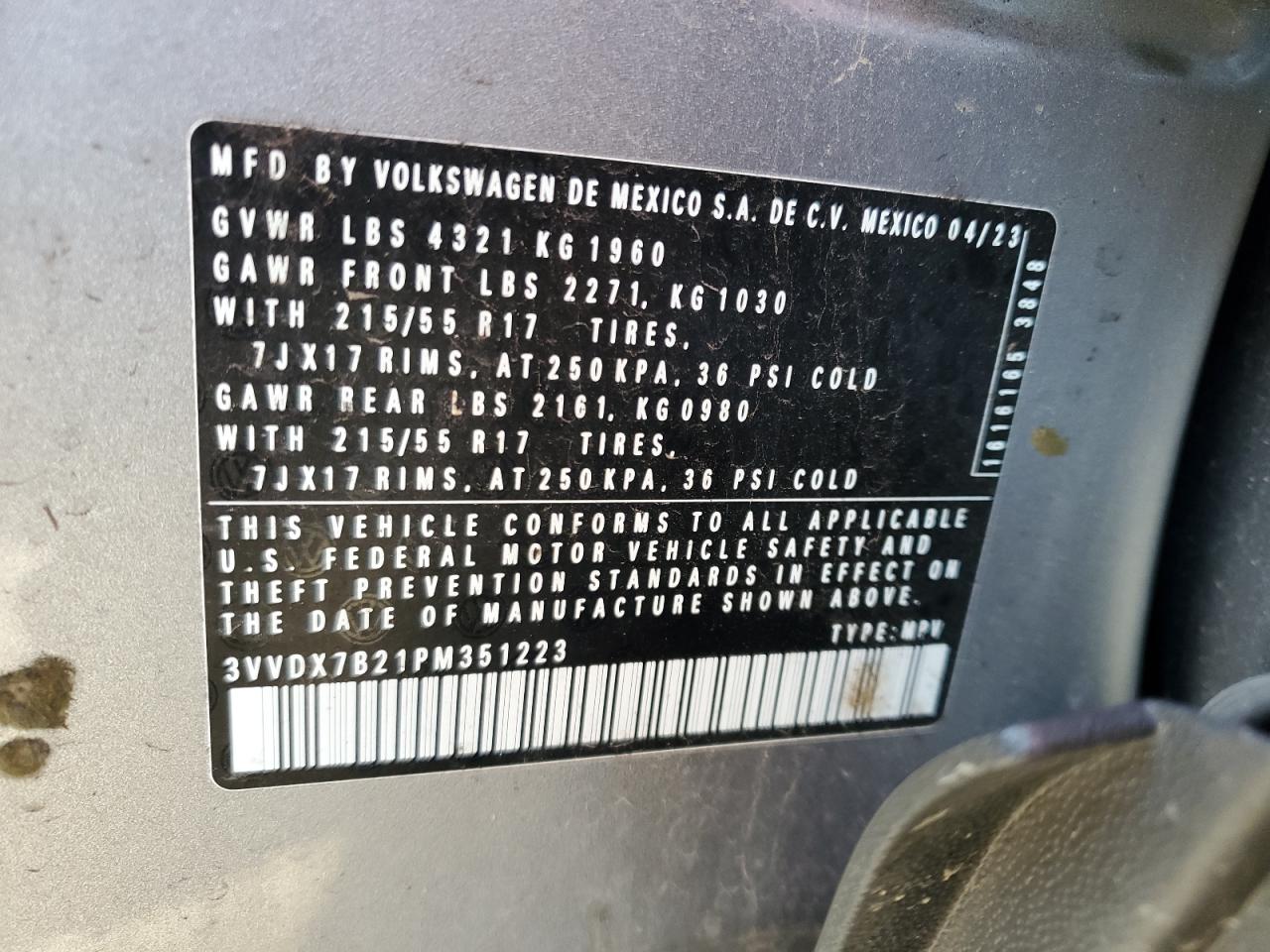 2023 Volkswagen Taos S VIN: 3VVDX7B21PM351223 Lot: 56495965