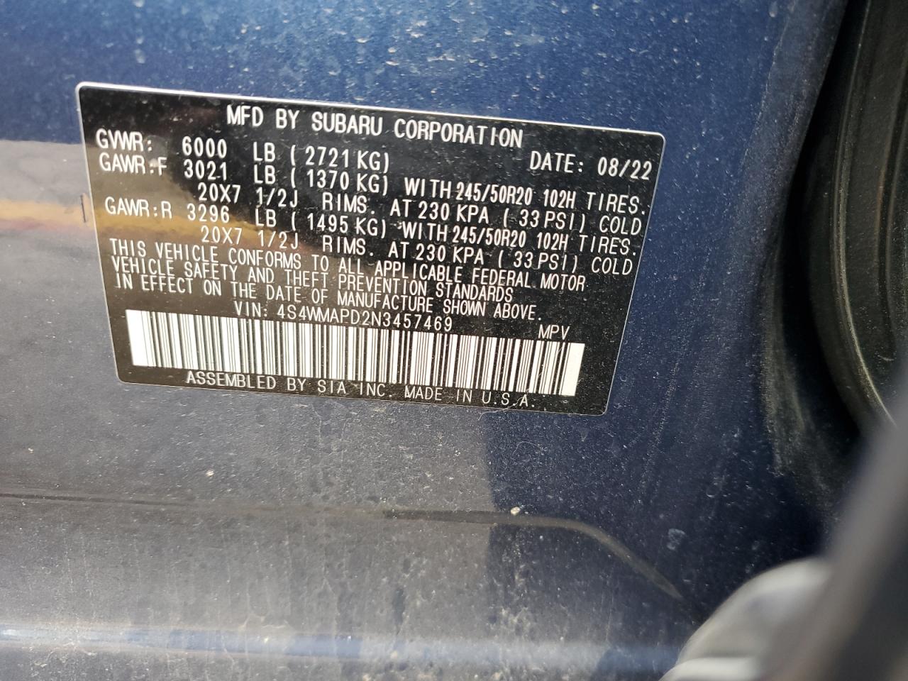 2022 Subaru Ascent Limited VIN: 4S4WMAPD2N3457469 Lot: 56703205