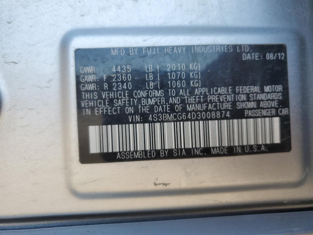 2013 Subaru Legacy 2.5I Premium VIN: 4S3BMCG64D3008874 Lot: 56884695