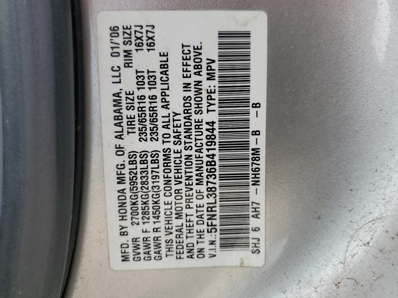2006 Honda Odyssey Exl VIN: 5FNRL38736B419844 Lot: 57364065