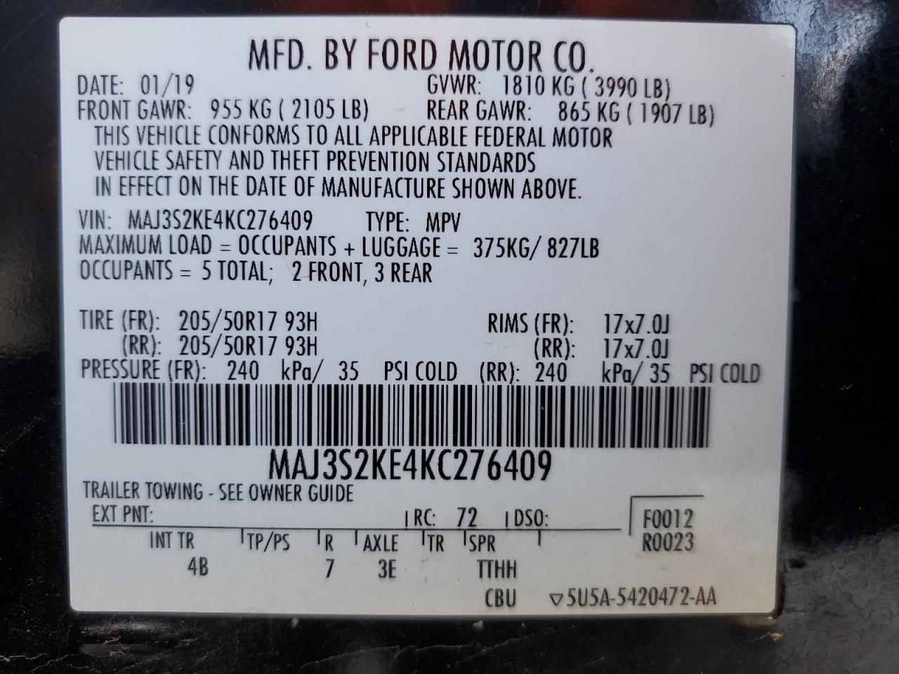 2019 Ford Ecosport Titanium VIN: MAJ3S2KE4KC276409 Lot: 56602355