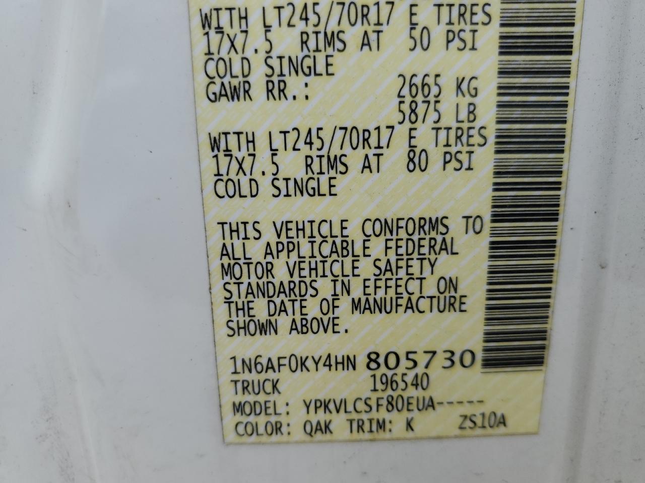 2017 Nissan Nv 2500 S VIN: 1N6AF0KY4HN805730 Lot: 58584745