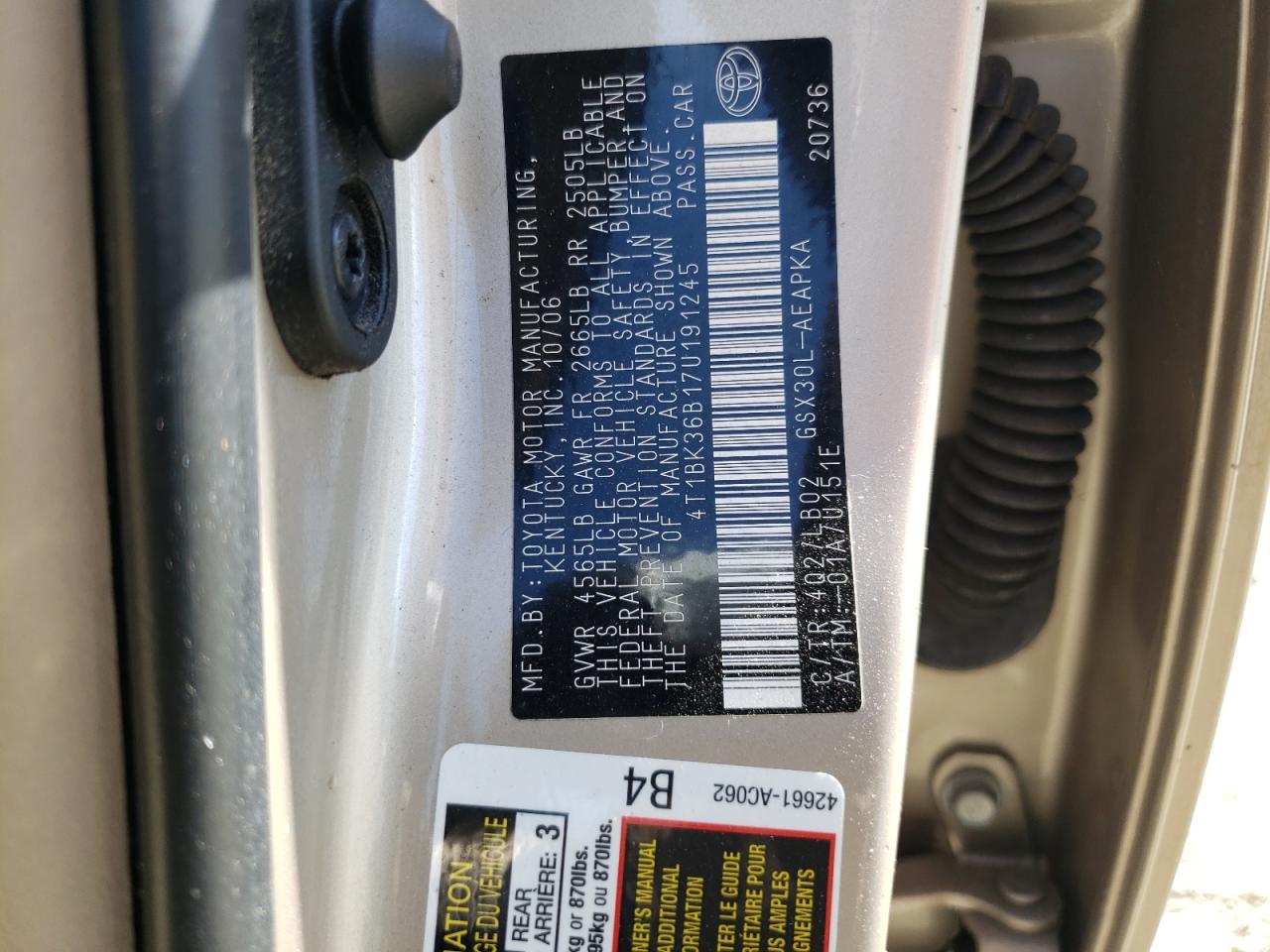 2007 Toyota Avalon Xl VIN: 4T1BK36B17U191245 Lot: 56665425