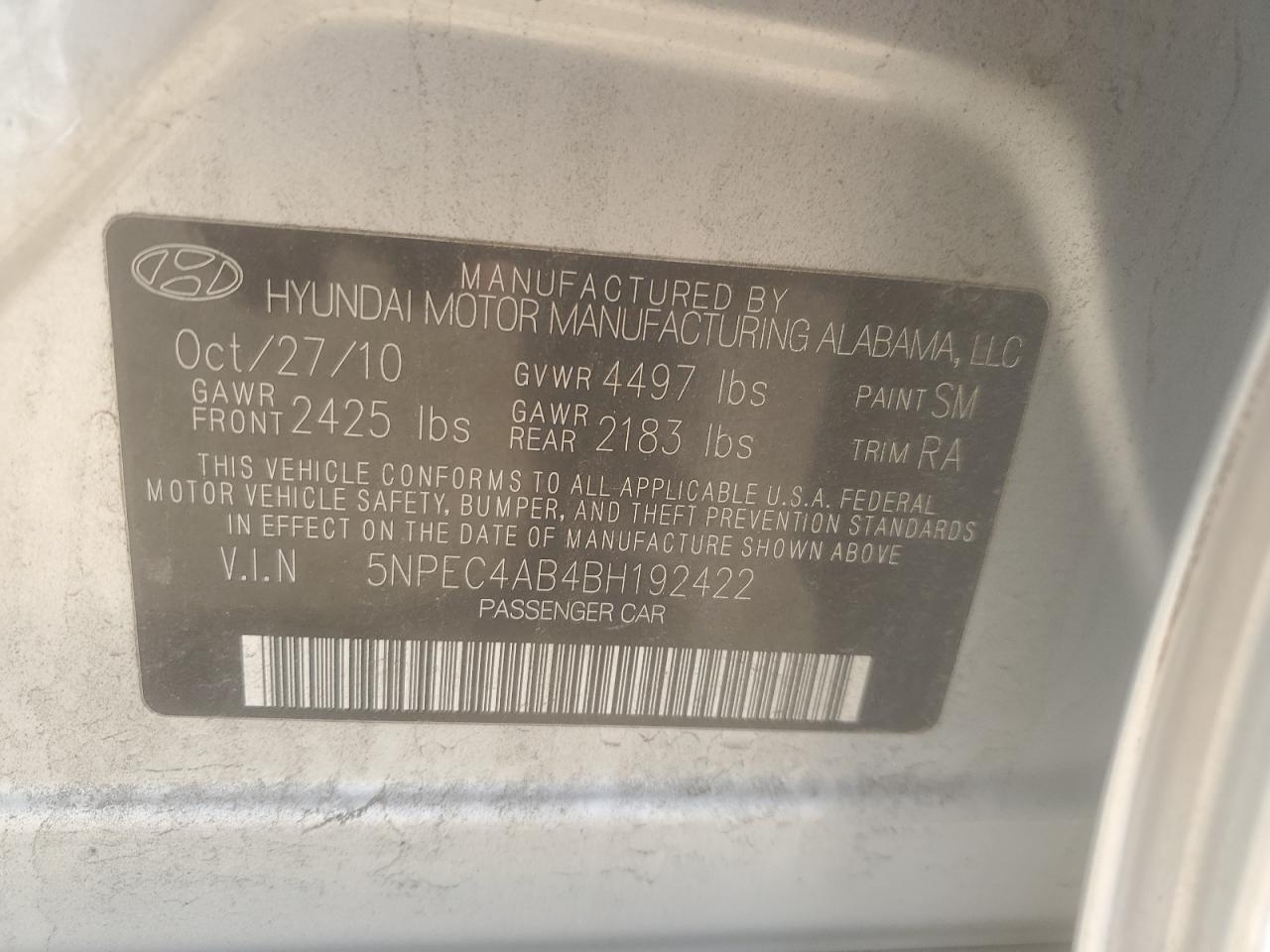2011 Hyundai Sonata Se VIN: 5NPEC4AB4BH192422 Lot: 56919755