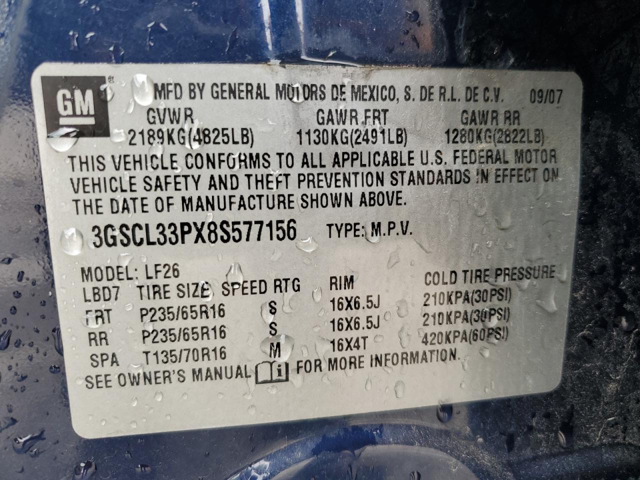 2008 Saturn Vue Xe VIN: 3GSCL33PX8S577156 Lot: 56063125