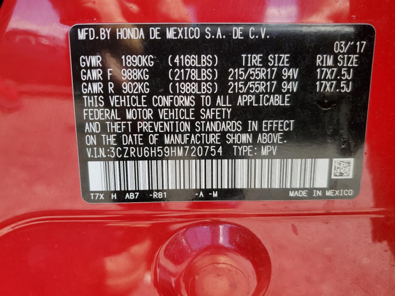 3CZRU6H59HM720754 HONDA HR-V 2017