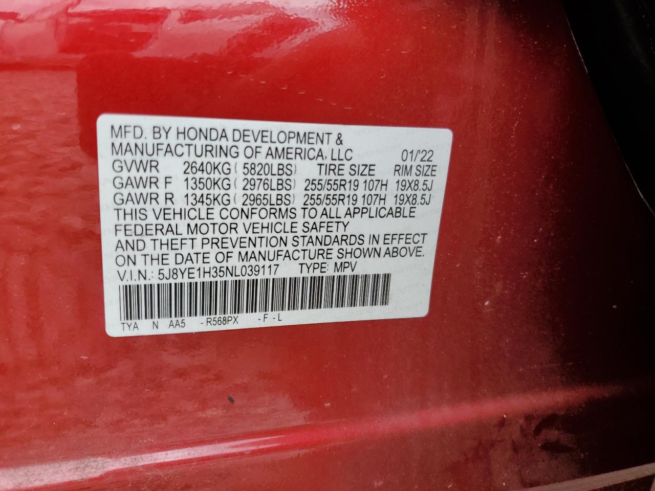 2022 Acura Mdx VIN: 5J8YE1H35NL039117 Lot: 57648865