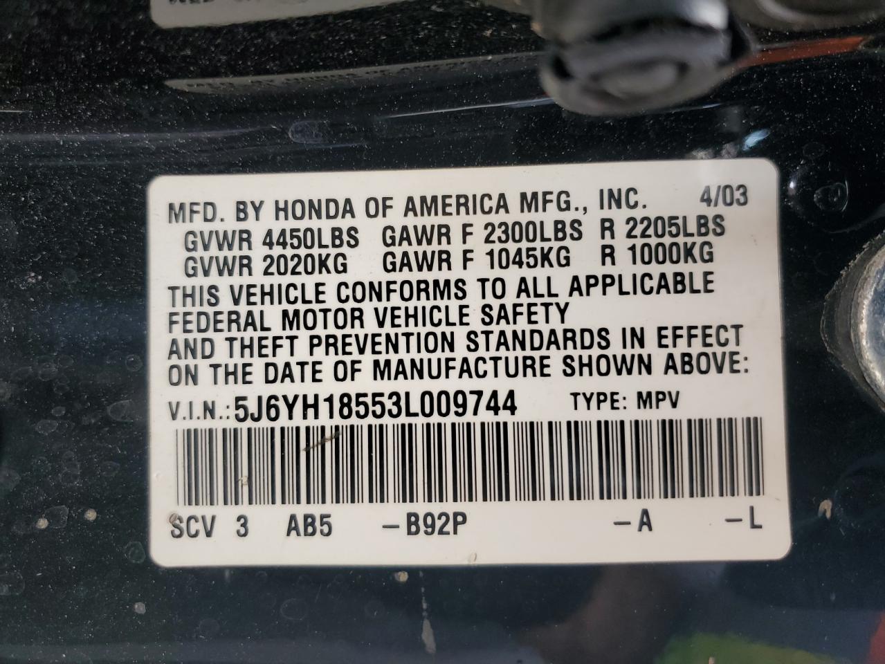 2003 Honda Element Ex VIN: 5J6YH18553L009744 Lot: 57621185