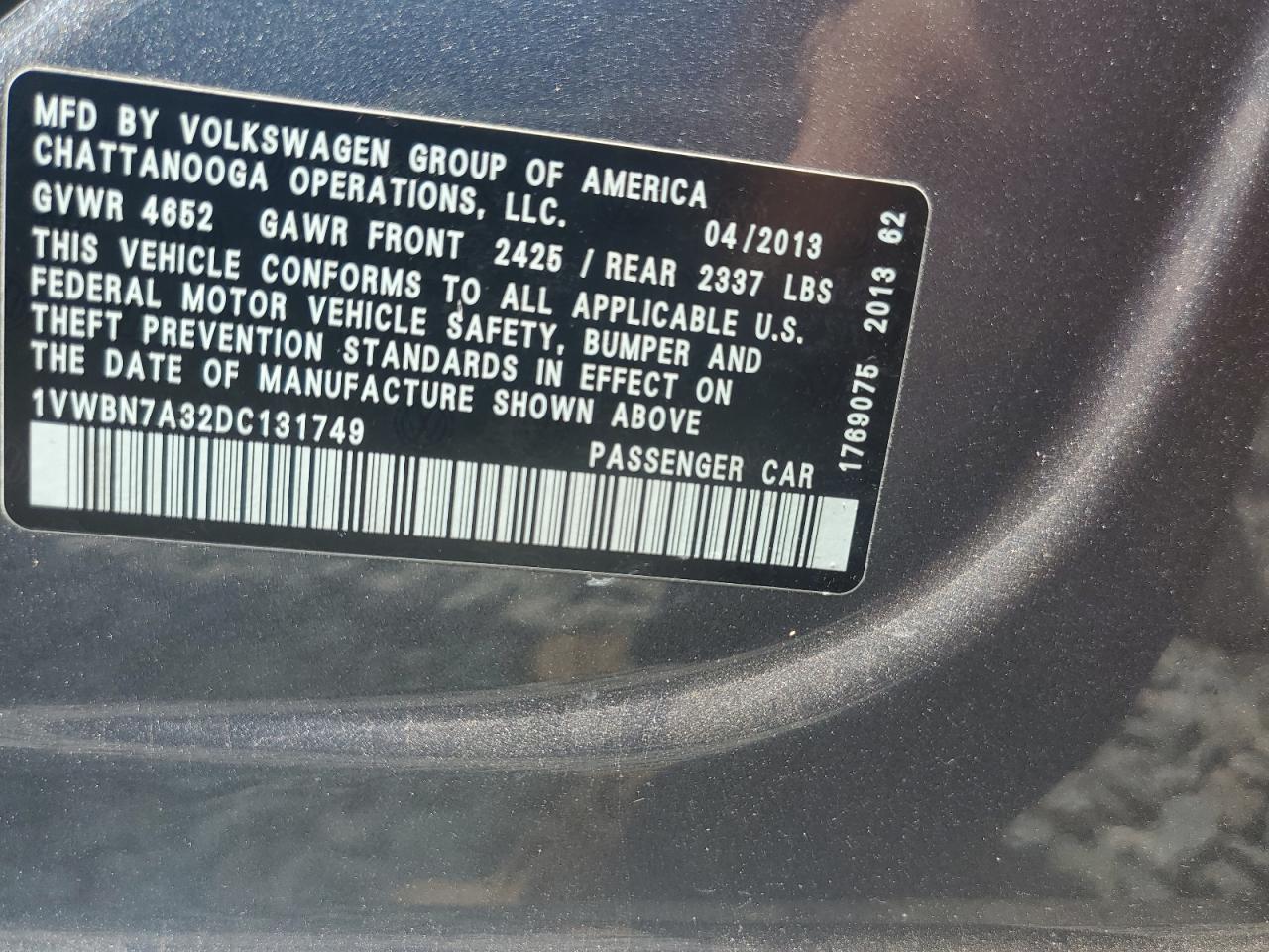 2013 Volkswagen Passat Se VIN: 1VWBN7A32DC131749 Lot: 57086715