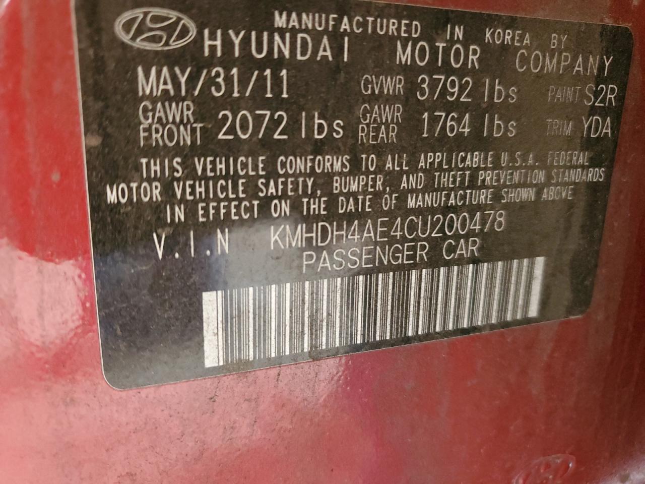 2012 Hyundai Elantra Gls VIN: KMHDH4AE4CU200478 Lot: 56178565