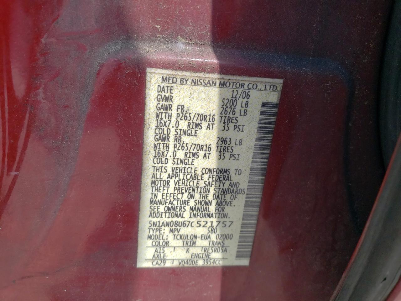 2007 Nissan Xterra Off Road VIN: 5N1AN08U67C521757 Lot: 57072745