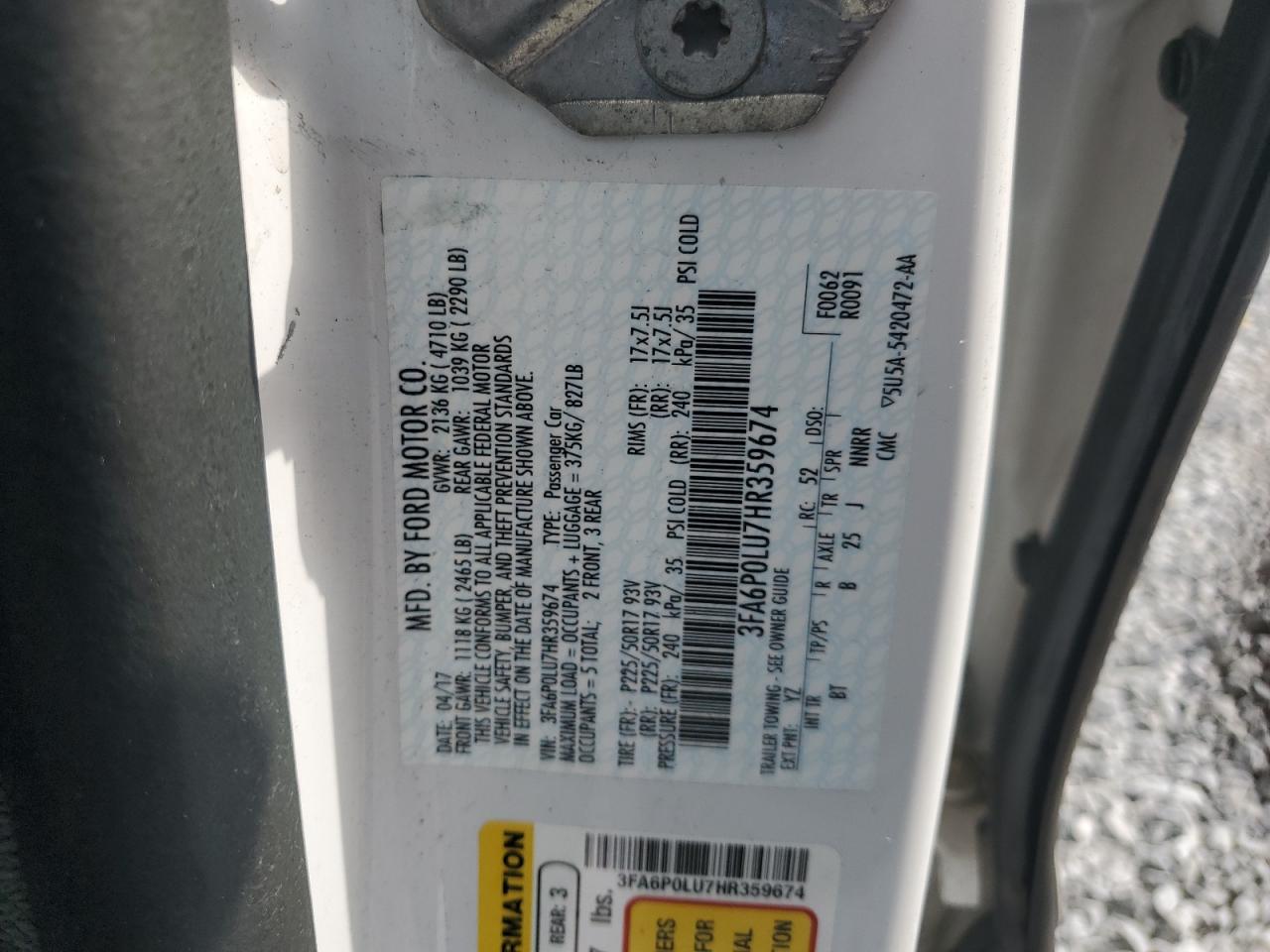 2017 Ford Fusion Se Hybrid VIN: 3FA6P0LU7HR359674 Lot: 54042975