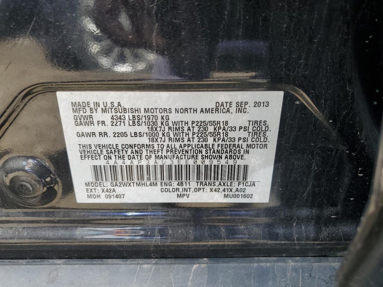 2014 Mitsubishi Outlander Sport Es VIN: 4A4AP3AU8EE009549 Lot: 56741275