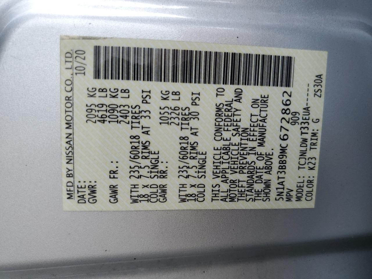 5N1AT3BB9MC672862 NISSAN ROGUE 2021