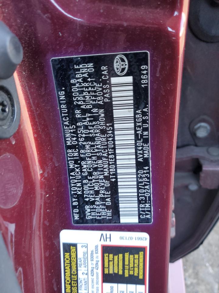 2015 Toyota Avalon Hybrid VIN: 4T1BD1EB1FU043451 Lot: 57099085