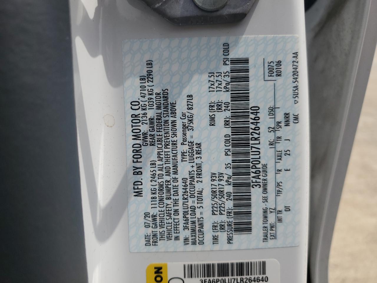 2020 Ford Fusion Se VIN: 3FA6P0LU7LR264640 Lot: 54027105