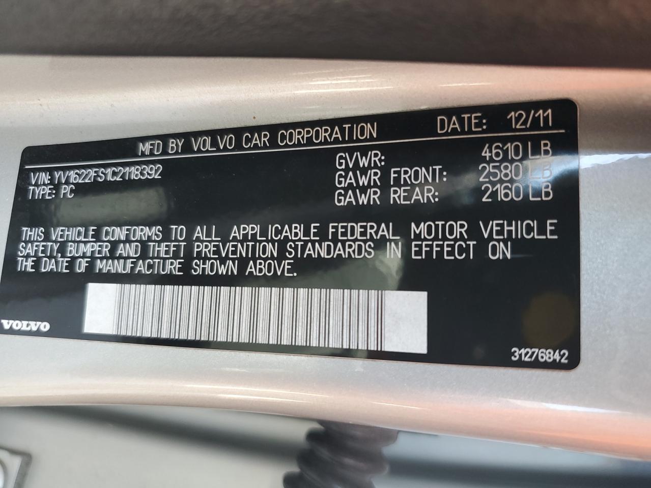 2012 Volvo S60 T5 VIN: YV1622FS1C2118392 Lot: 56508745