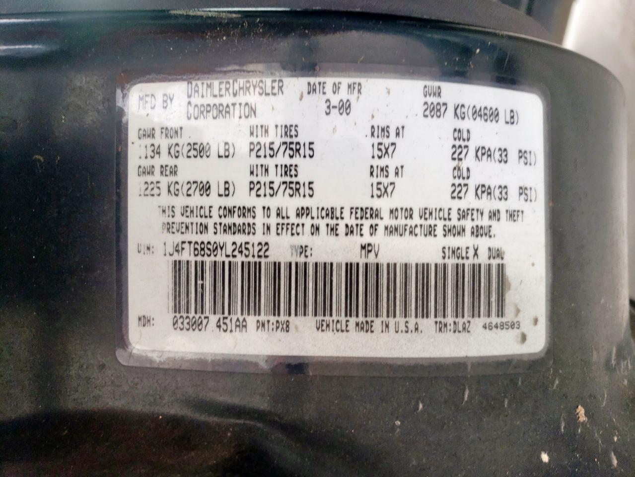 2000 Jeep Cherokee Limited VIN: 1J4FT68S0YL245122 Lot: 58649085