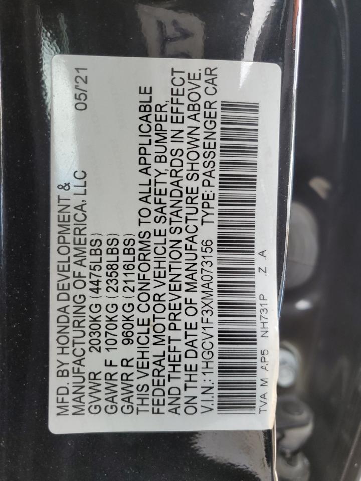 2021 Honda Accord Sport VIN: 1HGCV1F3XMA073156 Lot: 57894015