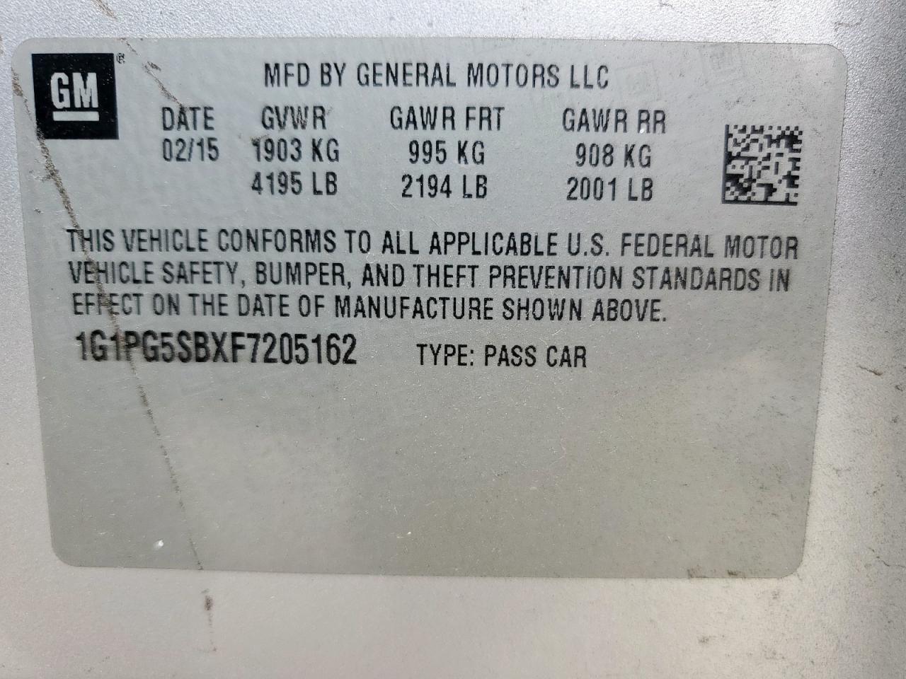 2015 Chevrolet Cruze Ltz VIN: 1G1PG5SBXF7205162 Lot: 57185105