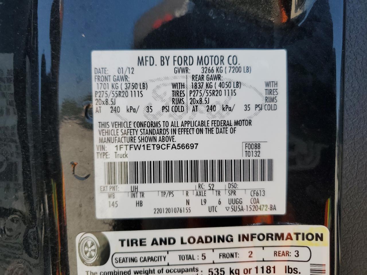 2012 Ford F150 Supercrew VIN: 1FTFW1ET9CFA56697 Lot: 56709615