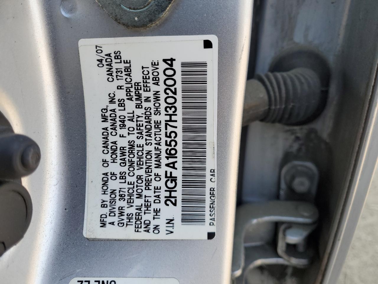 2007 Honda Civic Lx VIN: 2HGFA16557H302004 Lot: 55458865