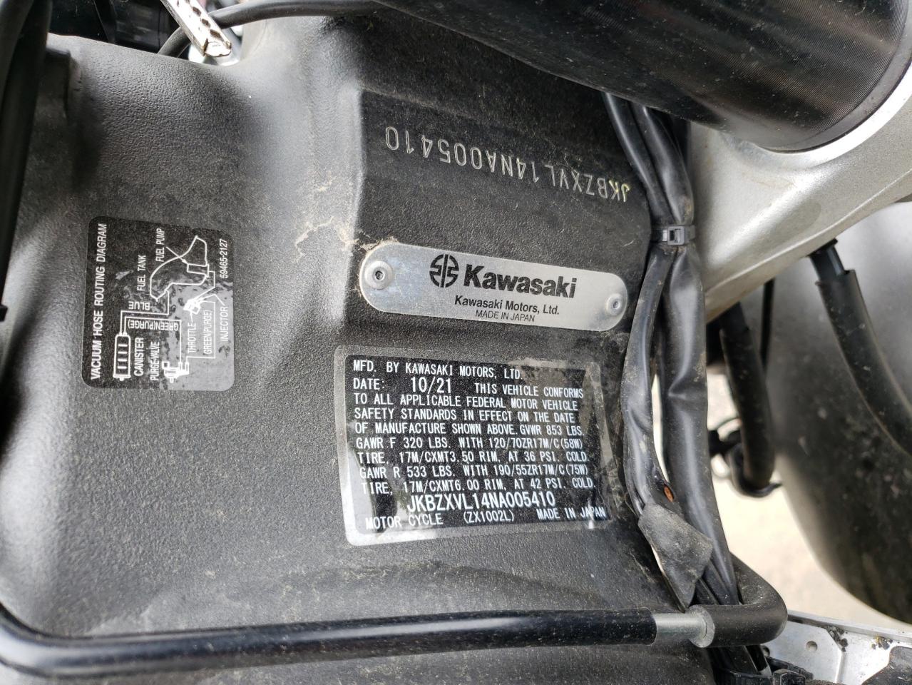 2022 Kawasaki Zx1002 L VIN: JKBZXVL14NA005410 Lot: 57647245