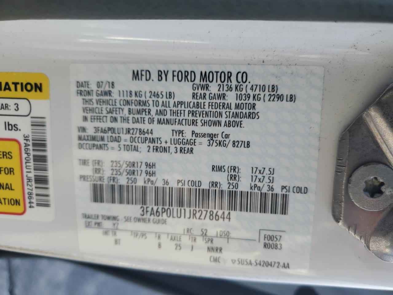 2018 Ford Fusion Se Hybrid VIN: 3FA6P0LU1JR278644 Lot: 55084165