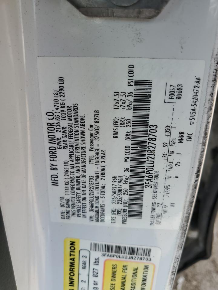 2018 Ford Fusion Se Hybrid VIN: 3FA6P0LU2JR278703 Lot: 54027685