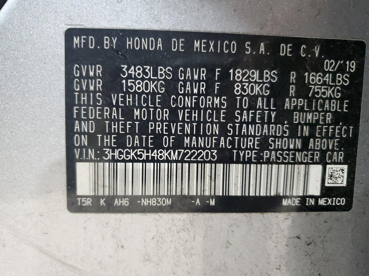 2019 Honda Fit Lx VIN: 3HGGK5H48KM722203 Lot: 58714435