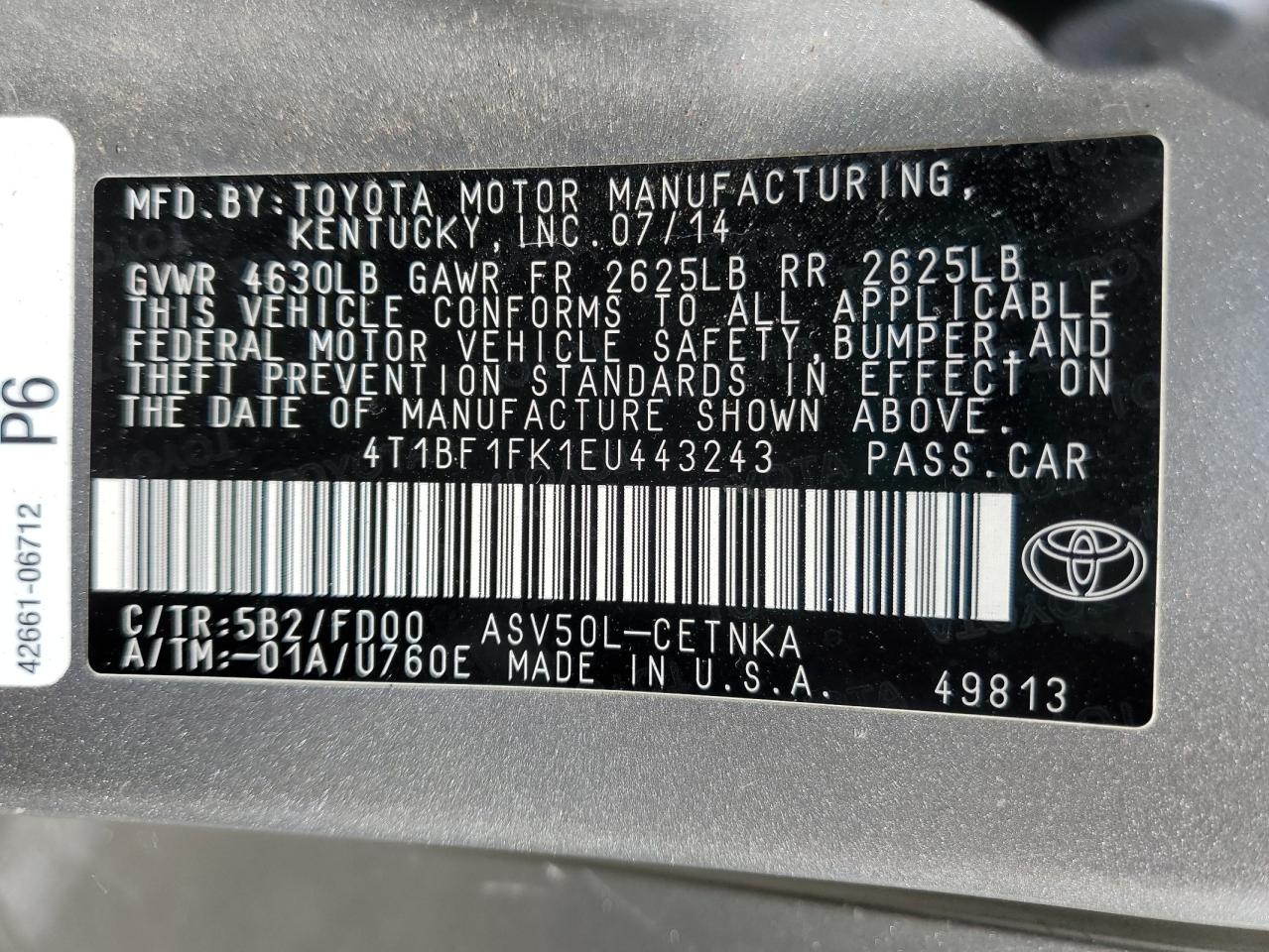2014 Toyota Camry L VIN: 4T1BF1FK1EU443243 Lot: 57177505