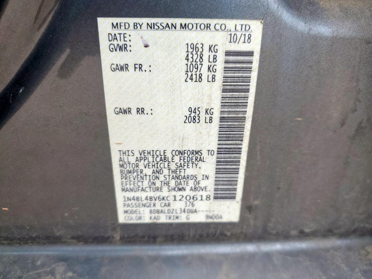 1N4BL4BV6KC120618 NISSAN ALTIMA 2019