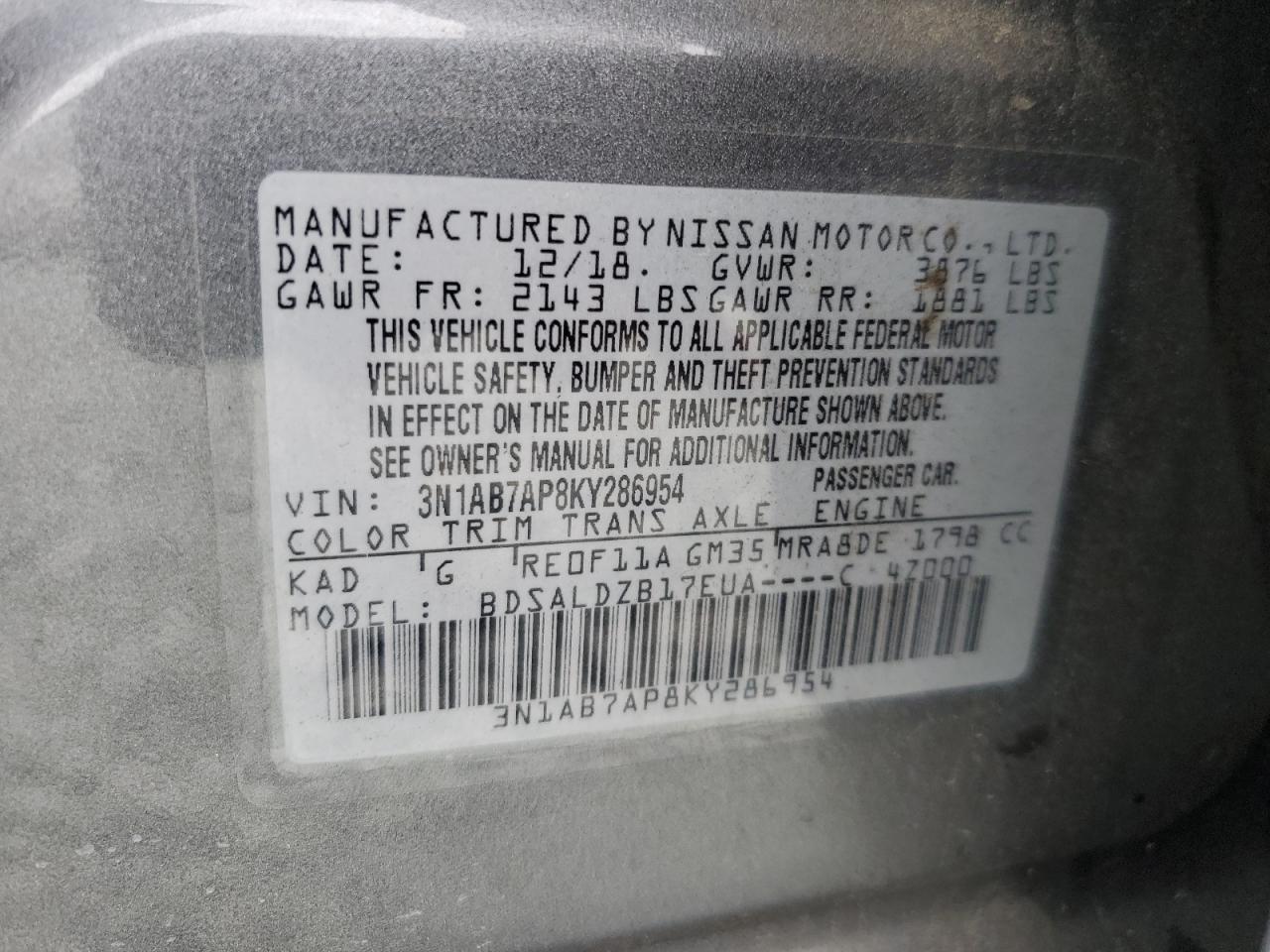 3N1AB7AP8KY286954 NISSAN SENTRA 2019