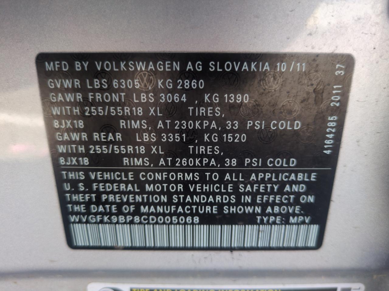 2012 Volkswagen Touareg V6 Tdi VIN: WVGFK9BP8CD005068 Lot: 56140995