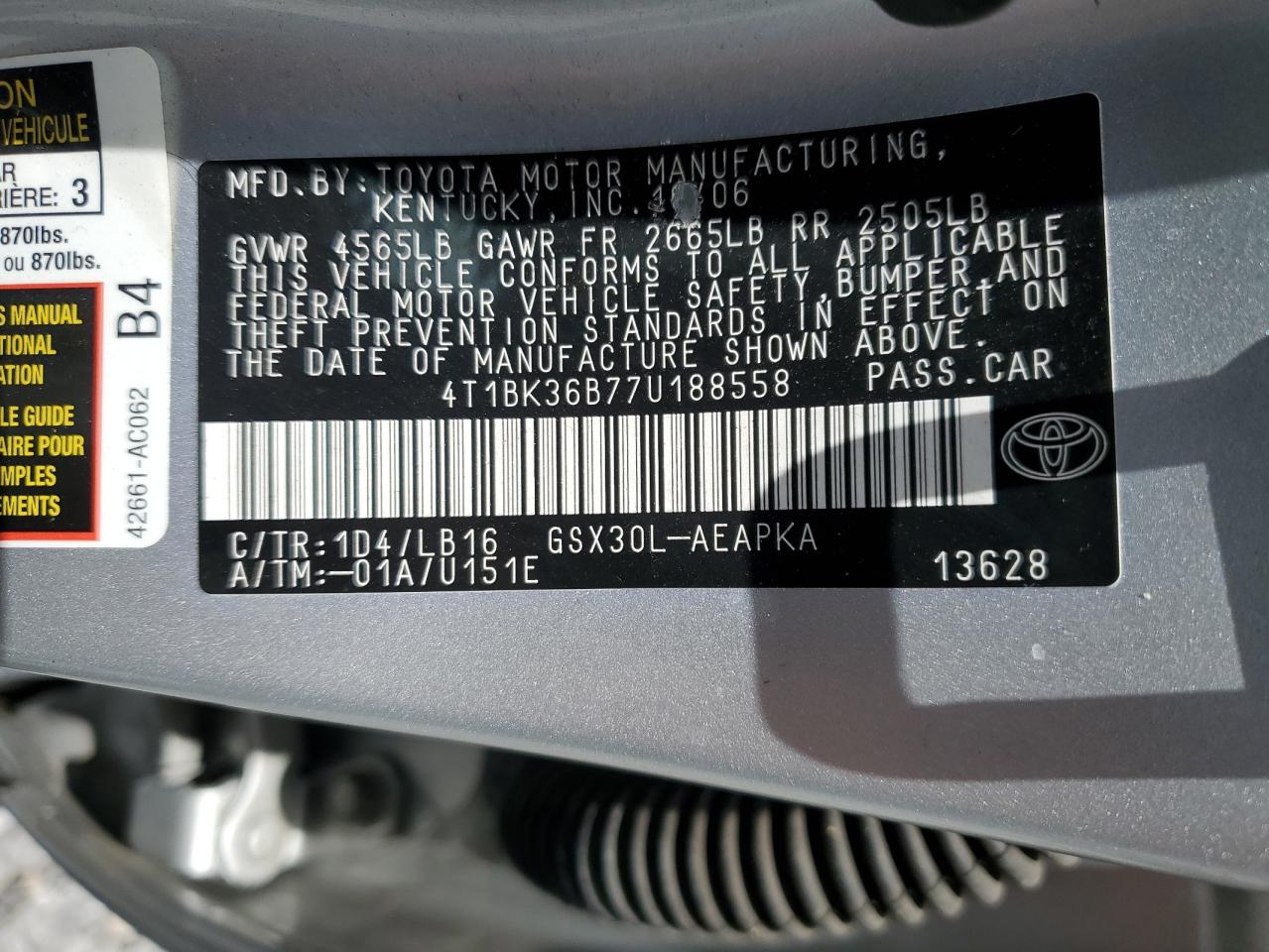 2007 Toyota Avalon Xl VIN: 4T1BK36B77U188558 Lot: 56648815
