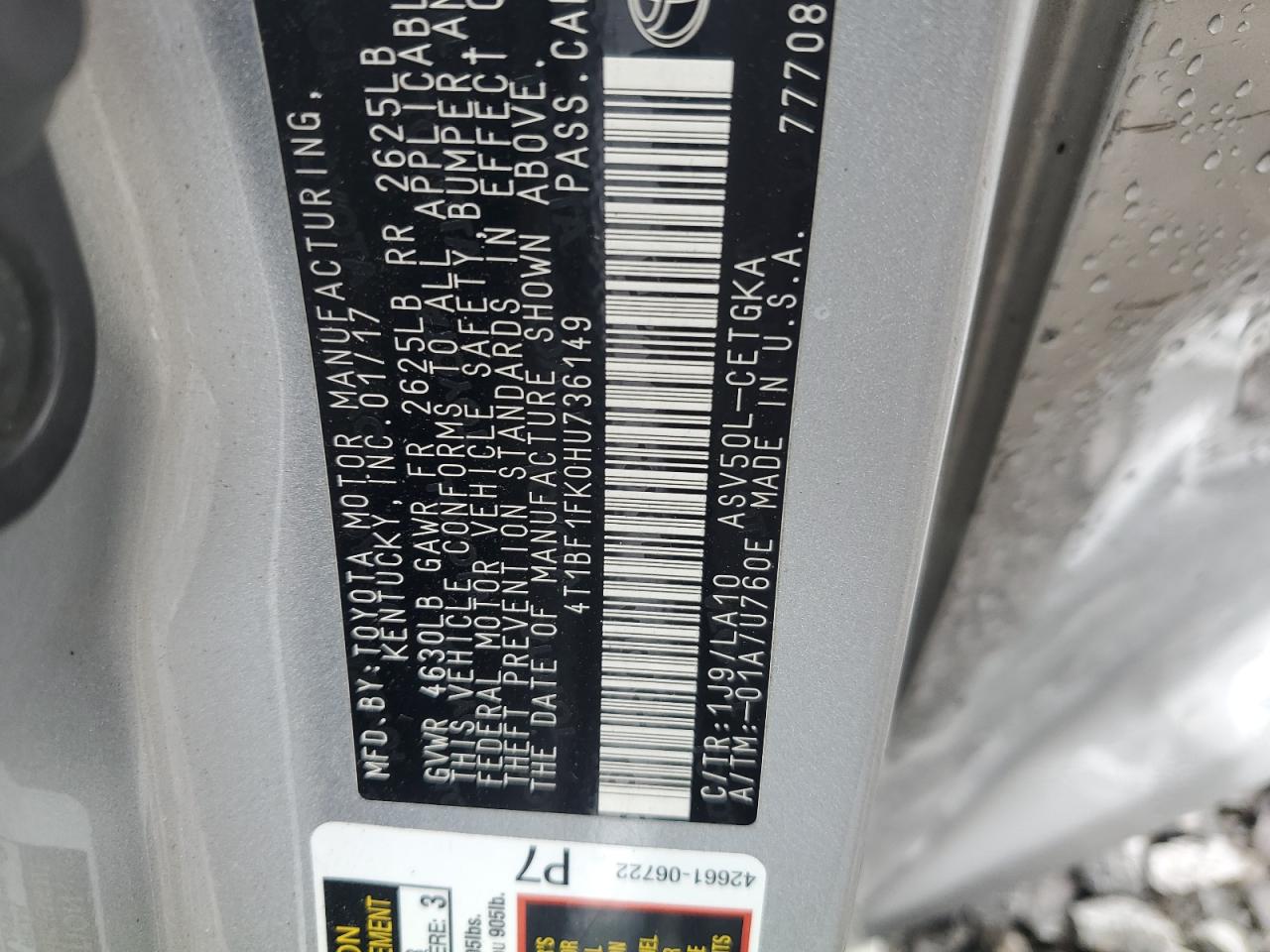 4T1BF1FK0HU736149 TOYOTA CAMRY 2017