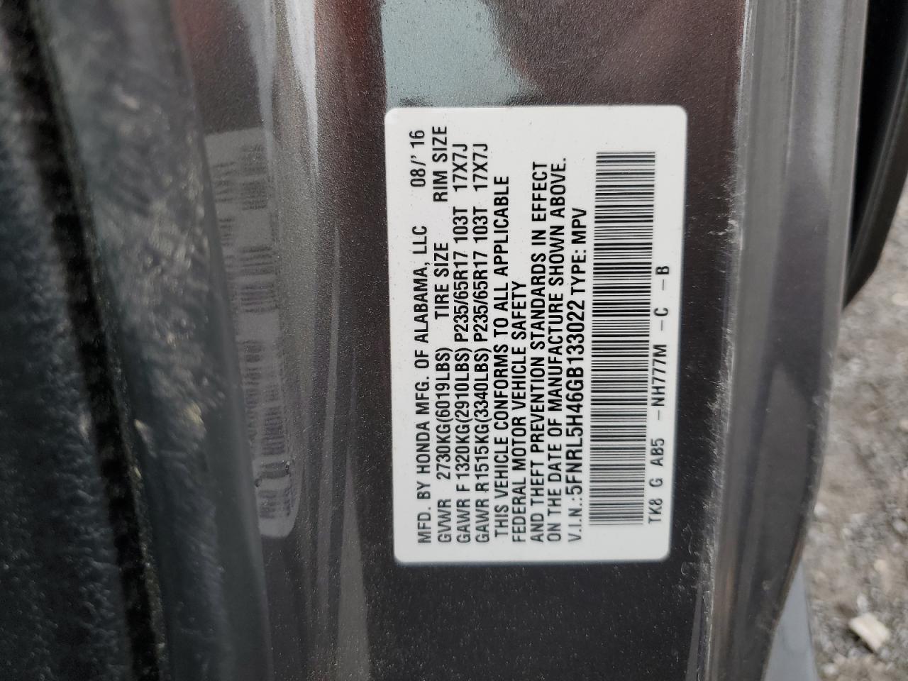 5FNRL5H46GB133022 HONDA All Models 2016