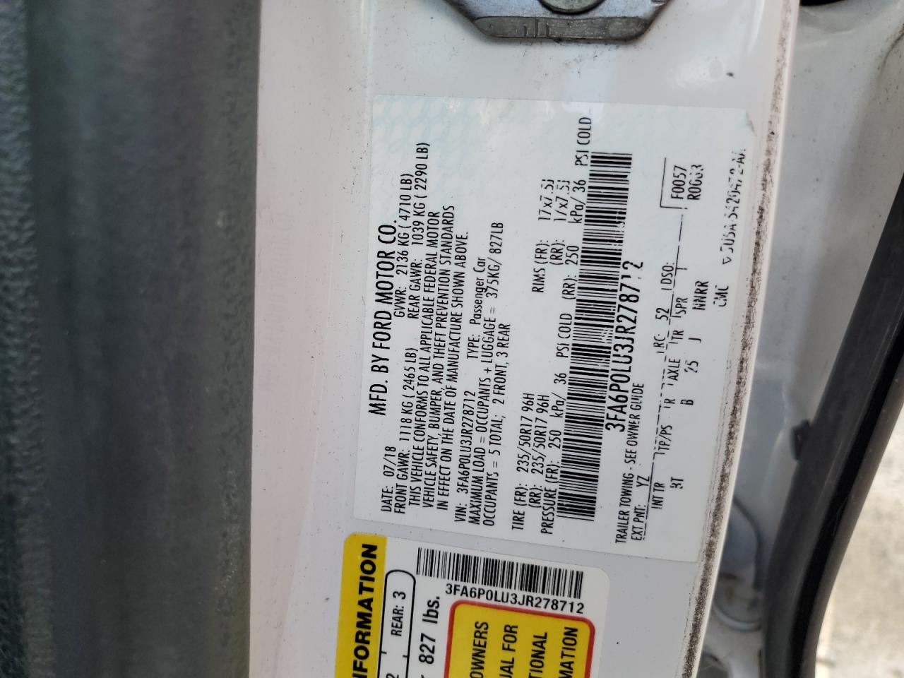 2018 Ford Fusion Se Hybrid VIN: 3FA6P0LU3JR278712 Lot: 54033855