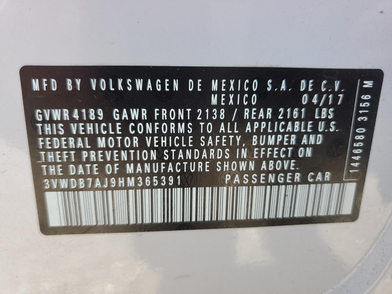 2017 Volkswagen Jetta Se VIN: 3VWDB7AJ9HM365391 Lot: 58447145