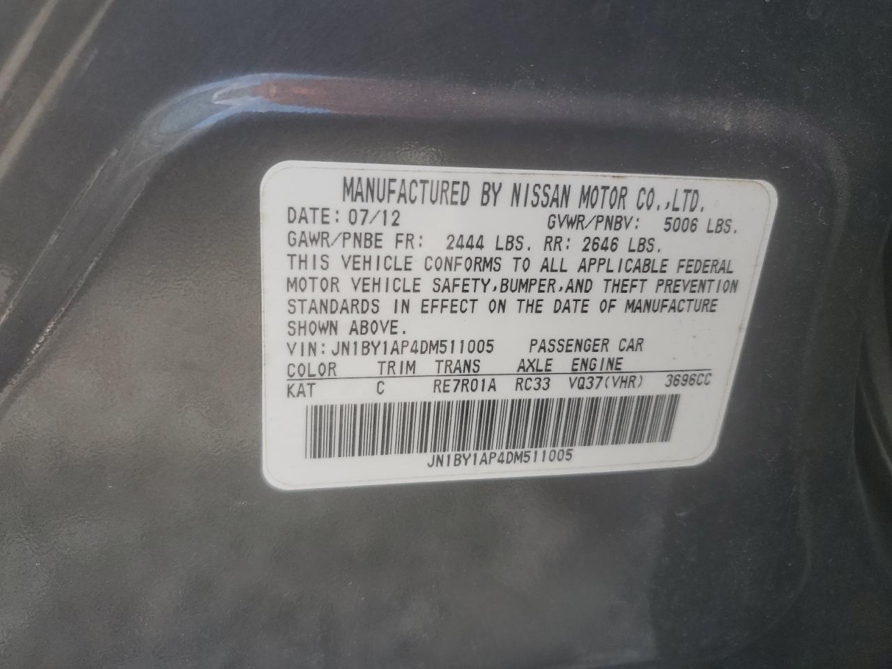 2013 Infiniti M37 VIN: JN1BY1AP4DM511005 Lot: 57315045